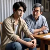 父親と相談に来た20代男性のイラスト