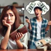 自己破産-夫が散財したことによる借金に悩む30代女性のイラスト